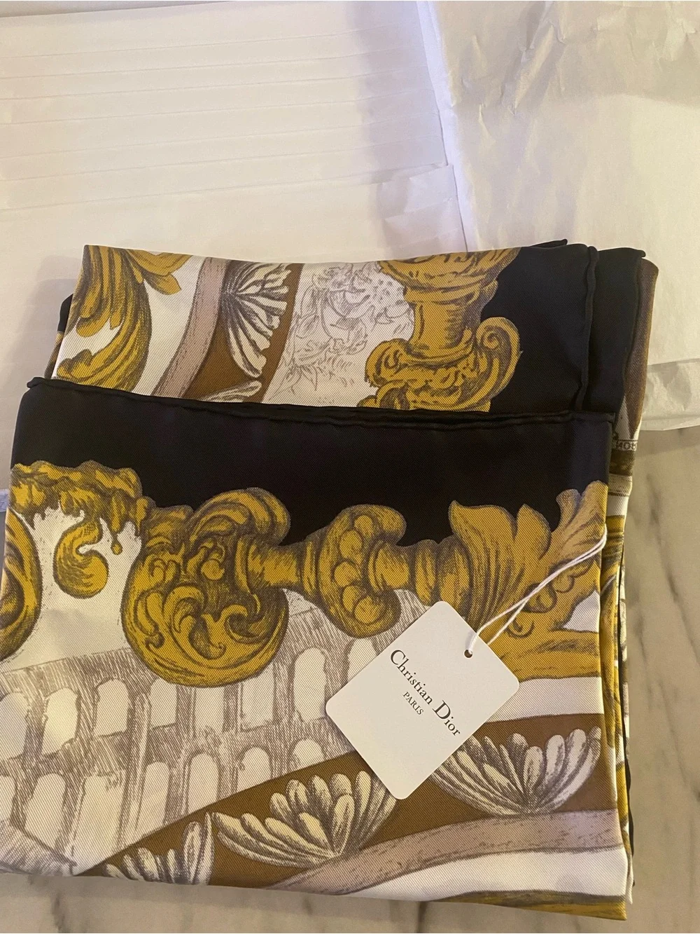 Dior Silk Scarf in Black and Gold Baroque Print